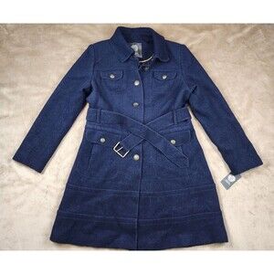 Vince Camuto Women's Navy Blue Button Belted Mid-Length Coat Long Sleeve Size L